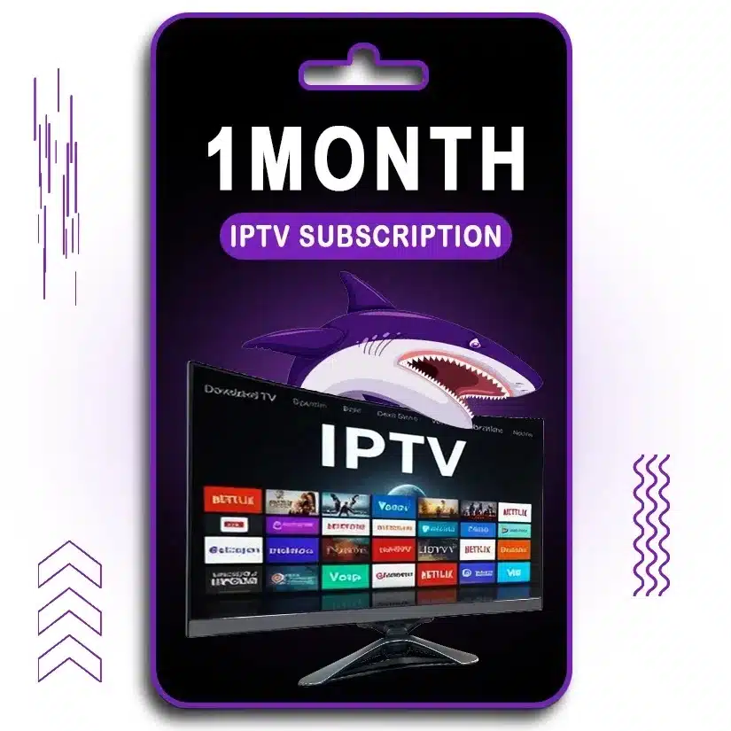 A digital card displaying "1 MONTH IPTV SUBSCRIPTION" in bold white text on a purple background. Below, a TV screen showcases various streaming services and live TV options under the IPTV interface. A shark logo is positioned behind the screen, representing the brand. The design features a black and purple theme, with modern visual elements and a hanging card slot at the top, indicating a prepaid IPTV service valid for 1 month.