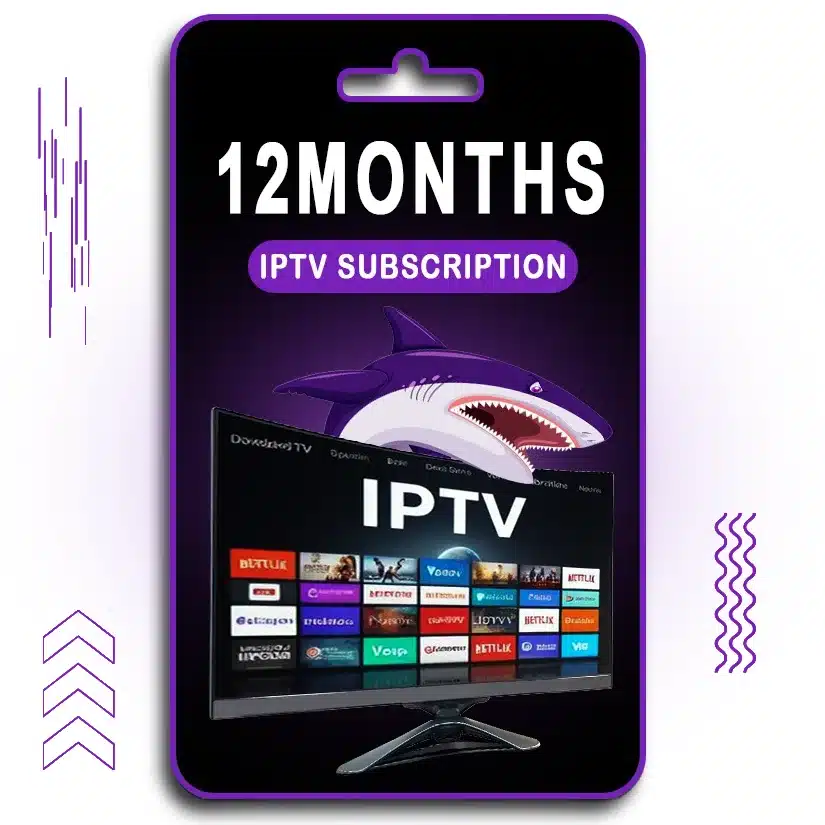 A digital card displaying "12 MONTHS IPTV SUBSCRIPTION" in bold white text on a purple background. Below, a TV screen showcases various streaming services and live TV options under the IPTV interface. A shark logo is positioned behind the screen, representing the brand. The design features a black and purple theme, with modern visual elements and a hanging card slot at the top, indicating a prepaid IPTV service valid for 12 months.