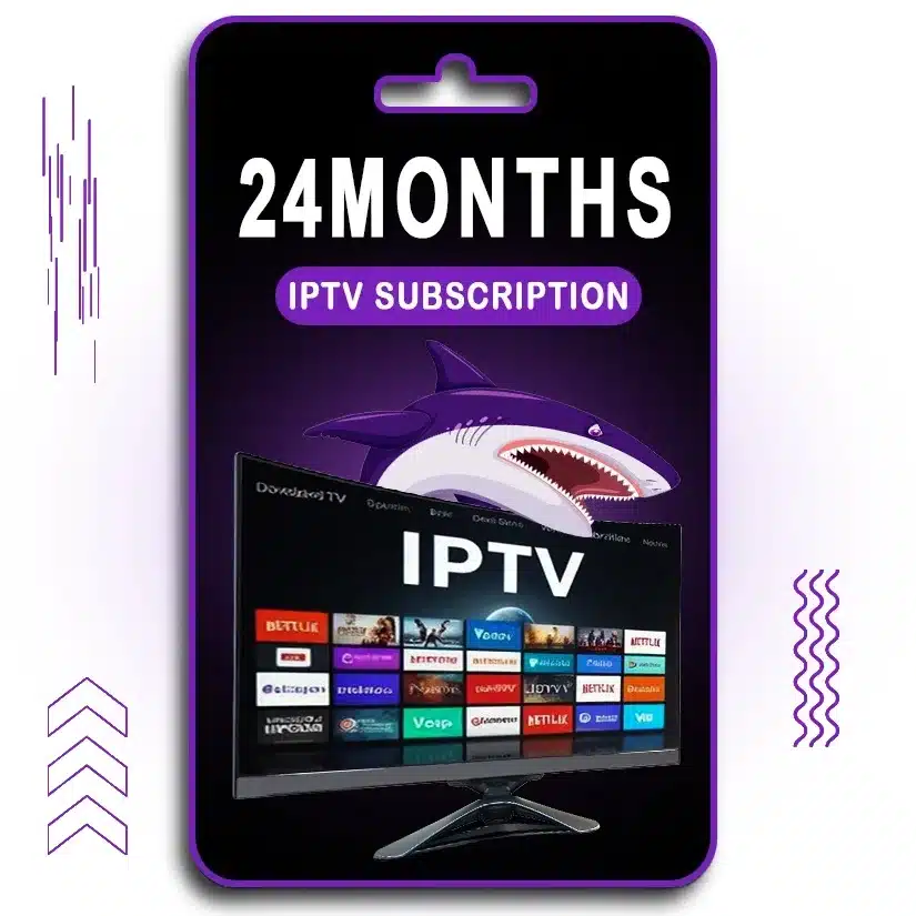 A digital card displaying "24 MONTHS IPTV SUBSCRIPTION" in bold white text on a purple background. Below, a TV screen showcases various streaming services and live TV options under the IPTV interface. A shark logo is positioned behind the screen, representing the brand. The design features a black and purple theme, with modern visual elements and a hanging card slot at the top, indicating a prepaid IPTV service valid for 24 months.