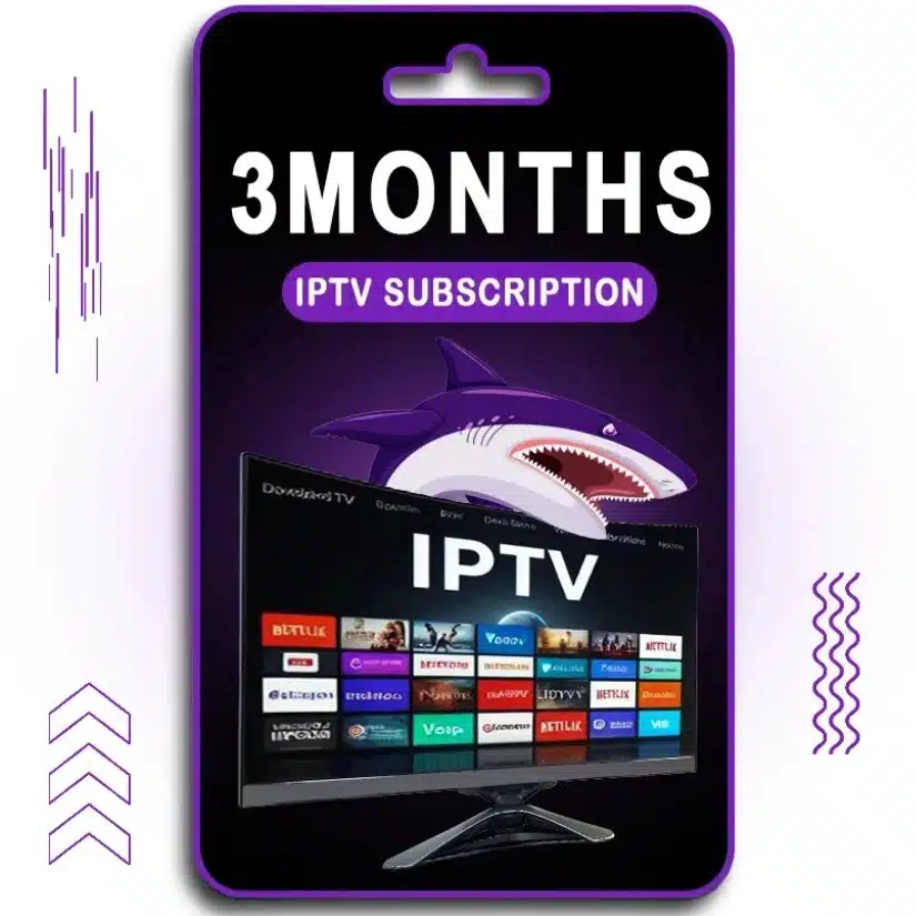 A digital card displaying "3 MONTHS IPTV SUBSCRIPTION" in bold white text on a purple background. Below, a TV screen showcases various streaming services and live TV options under the IPTV interface. A shark logo is positioned behind the screen, representing the brand. The design features a black and purple theme, with modern visual elements and a hanging card slot at the top, indicating a prepaid IPTV service valid for 3 months.