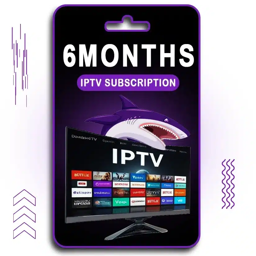 A digital card displaying "6 MONTHS IPTV SUBSCRIPTION" in bold white text on a purple background. Below, a TV screen showcases various streaming services and live TV options under the IPTV interface. A shark logo is positioned behind the screen, representing the brand. The design features a black and purple theme, with modern visual elements and a hanging card slot at the top, indicating a prepaid IPTV service valid for 6 months.