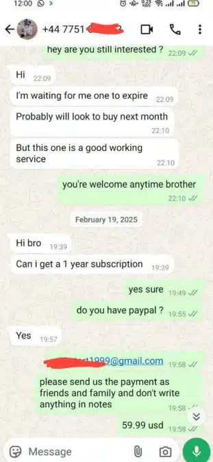 A screenshot of a WhatsApp conversation regarding an IPTV service. The chat includes messages about a customer interested in a one-year IPTV subscription for four devices, along with a discussion about providing IBO Player for free. The conversation also mentions MAC ID and device key requirements for activation. The messages show coordination between two individuals, with one confirming their arrival and an estimated 30-minute wait time. Some personal information, including a phone number, is partially redacted for privacy.