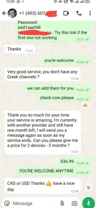 A screenshot of a WhatsApp conversation regarding an IPTV service. The chat includes messages about a customer interested in a one-year IPTV subscription for four devices, along with a discussion about providing IBO Player for free. The conversation also mentions MAC ID and device key requirements for activation. The messages show coordination between two individuals, with one confirming their arrival and an estimated 30-minute wait time. Some personal information, including a phone number, is partially redacted for privacy.