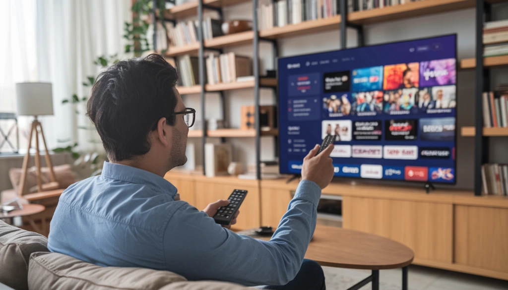 A man sitting on a couch in a modern living room, holding a remote control and browsing an IPTV streaming service on a large smart TV. The TV screen displays a user-friendly interface with various movie, TV show, and sports options. Behind him, wooden bookshelves filled with books and decorative items create a cozy and stylish atmosphere. The image highlights the convenience and immersive experience of IPTV streaming in a home entertainment setting."