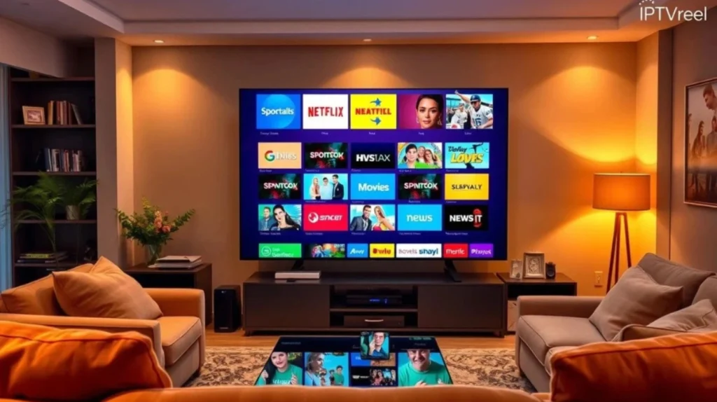 Modern living room with a large smart TV displaying IPTV Germany interface featuring popular apps and channels like Netflix, Sportalls, and news networks—showcasing high-quality IPTV streaming setup for German households.