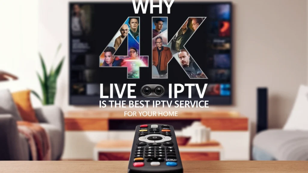 An IPTV promotional image displaying a large TV screen with the text ‘Why 4K Live IPTV is the Best IPTV Service for Your Home’ and showcasing a variety of content on screen. A remote control is placed in the foreground, emphasizing the convenience of IPTV in 4K quality