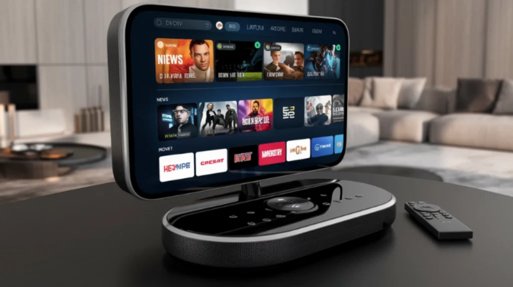 A sleek, modern IPTV device with a curved screen is displayed on a black table in a stylish living room. The screen shows a user interface featuring streaming categories like news, movies, and TV series, with thumbnails of popular shows and titles in multiple languages. The device base has built-in speakers and touch controls, and a black remote control lies nearby. The background features a minimalist couch and a blurred-out coffee table, creating a cozy and tech-savvy ambiance.