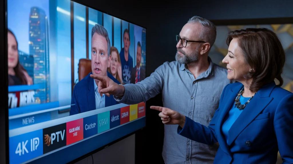 A man and a woman are standing in front of a large TV screen, smiling and pointing at the display. The TV shows a news broadcast with a male anchor speaking, and several other people in the background. The screen’s lower section displays IPTV logos and channel tiles, including ones labeled "4K IP", "PTV", and others in Cyrillic and stylized fonts. The setting appears casual and modern, suggesting interest in IPTV services or digital streaming platforms.