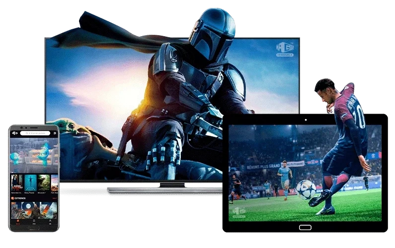 The image displays a scene featuring The Mandalorian on a TV, a football match on a tablet, and a phone showing IPTV content, emphasizing the versatility of IPTV streaming across multiple devices.