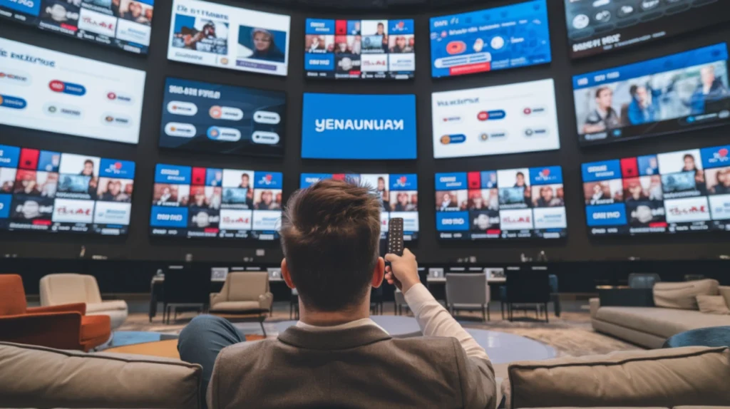 A man seated in front of multiple large screens displaying various IPTV channels, showcasing a modern IPTV setup with a variety of content options available for viewing.