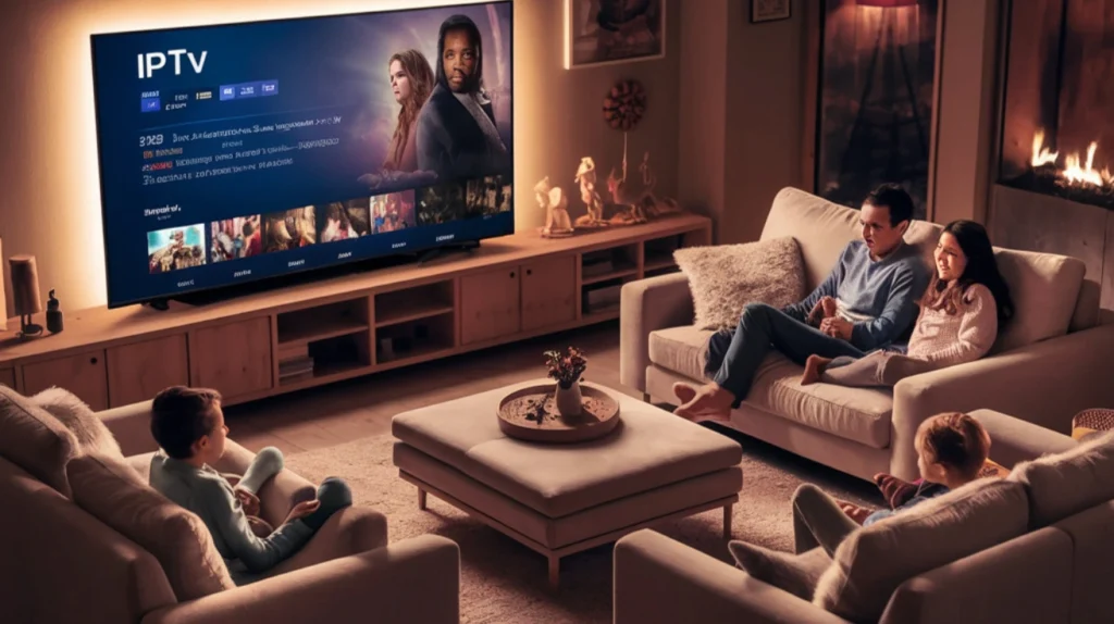 A family sitting together in the living room, watching IPTV on a large screen TV. The IPTV interface displays a range of content options, with a cozy and family-friendly atmosphere in the background."