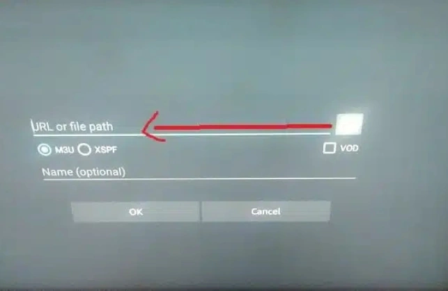 Image showing a screen asking for an M3U or XSPF URL or file path to be entered, with a checkbox for VOD.