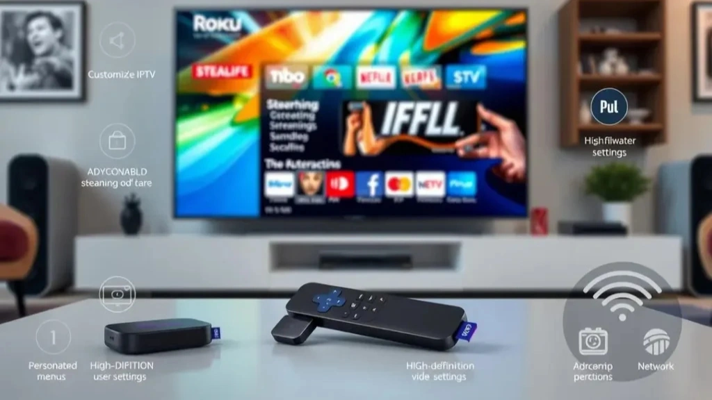 A graphic showing IPTV settings on a smart TV setup with options to personalize IPTV channels and manage high-definition video settings.