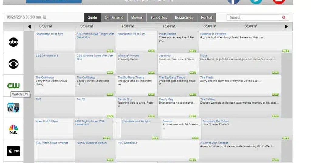 A screenshot of a TV guide displaying channel listings and scheduled programs for the evening, including shows like "Newswatch," "Wheel of Fortune," "Jeopardy," "The Big Bang Theory," and "Bachelor in Paradise," from 6:00 PM to 8:30 PM