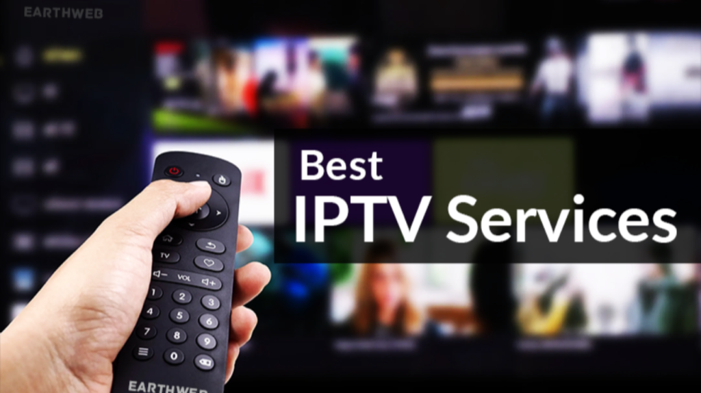 Close-up of a hand holding a black TV remote, pointed at a blurred IPTV interface on a smart TV screen with the words "Best IPTV Services" displayed, showcasing various streaming options in the background.