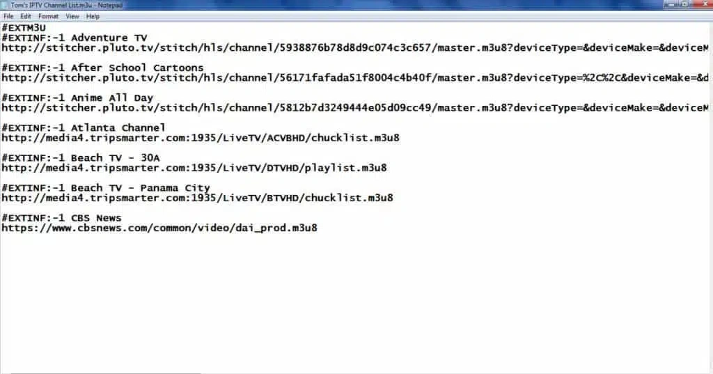 : A screenshot of a notepad file containing an IPTV channel list in M3U format. The list includes channels like Adventure TV, After School Cartoons, Anime All Day, Atlanta Channel, Beach TV – 30A, Beach TV – Panama City, and CBS News, with their respective stream URLs.