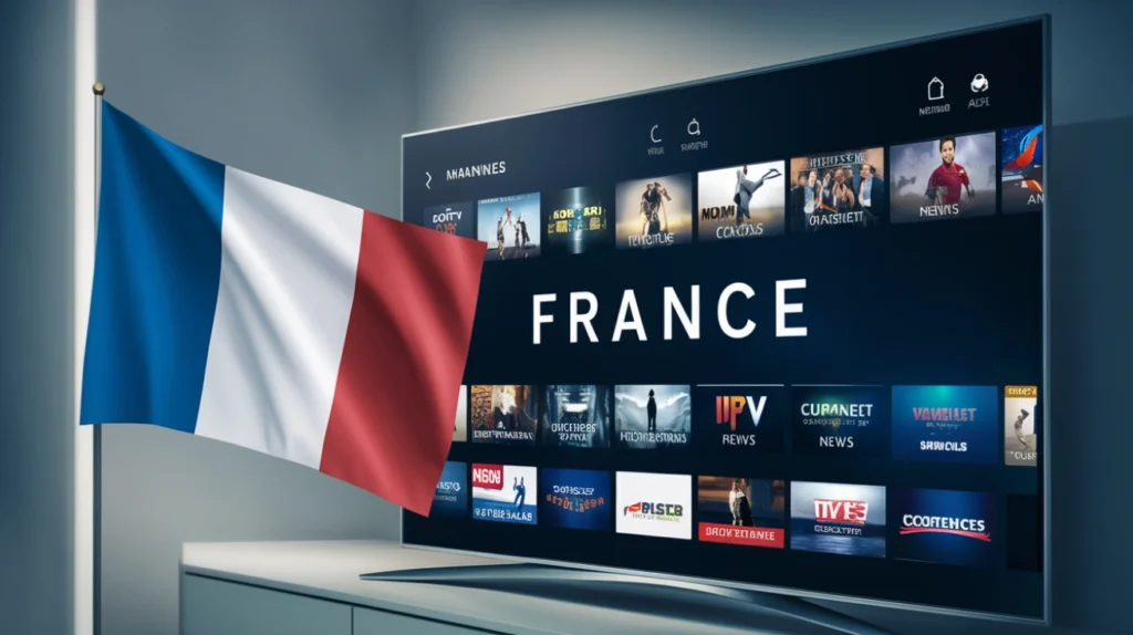 The image shows a TV screen displaying various channels and programs with a "France" label prominently shown. The French flag is seen waving next to the television, indicating a French IPTV service or content. The programs include news, series, and other entertainment options.