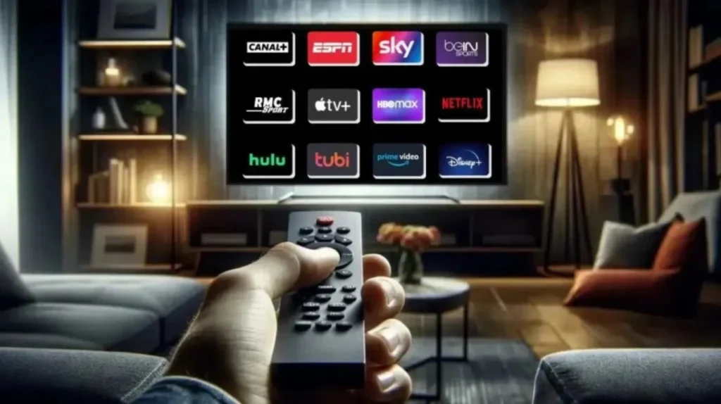 The image depicts a cozy living room with a remote control in hand. The TV screen displays various streaming service logos such as Canal+, ESPN, Sky, beIN Sports, RMC Sport, Apple TV+, HBO Max, Netflix, Hulu, Tubi, Prime Video, and Disney+. The scene suggests the convenience of accessing multiple content platforms for entertainment.