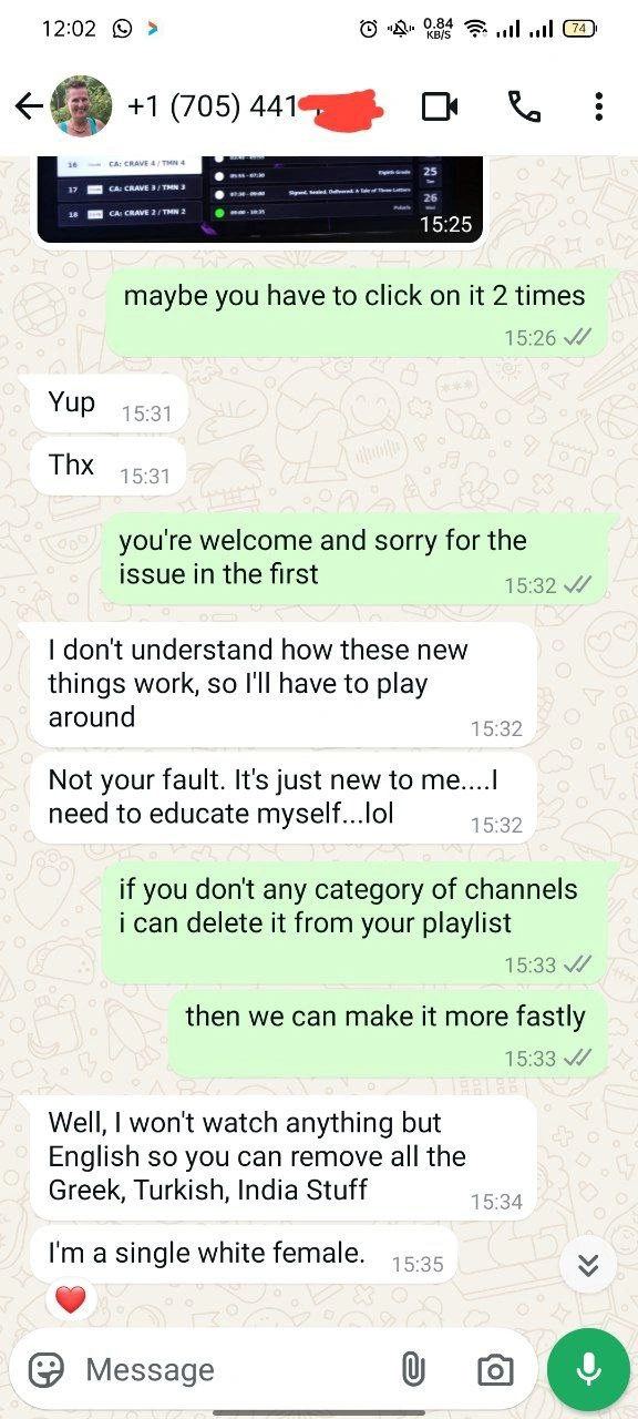 WhatsApp chats showing real IPTV customer interactions, including subscription requests, custom playlist support, device compatibility questions, and payment confirmations—highlighting reliable service and responsive communication.
