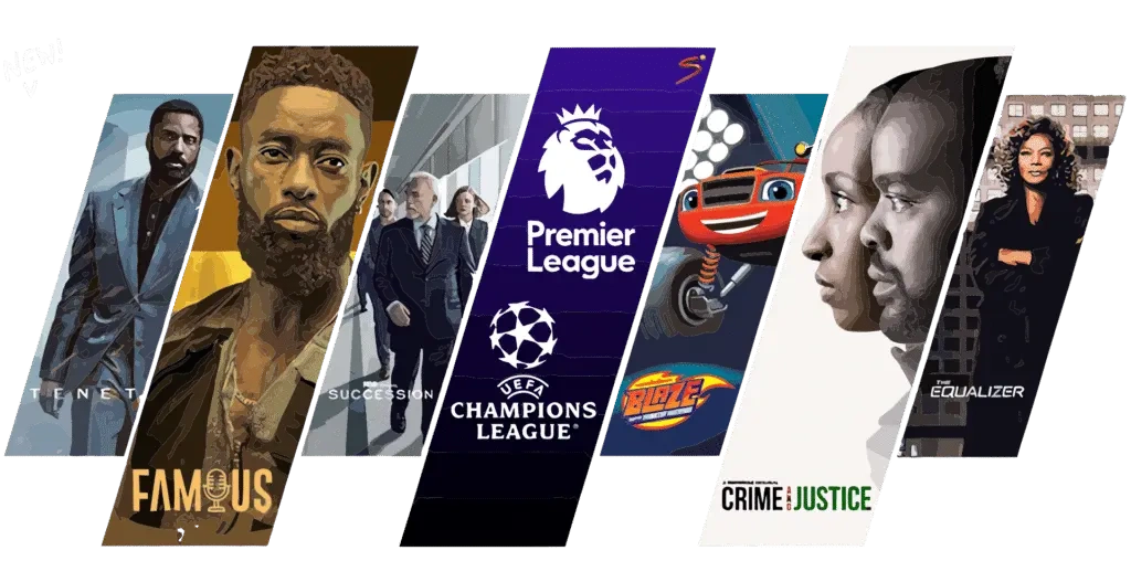 A promotional graphic displaying top entertainment and sports content, including movies, TV shows, and UEFA Champions League, available on IPTV Shark