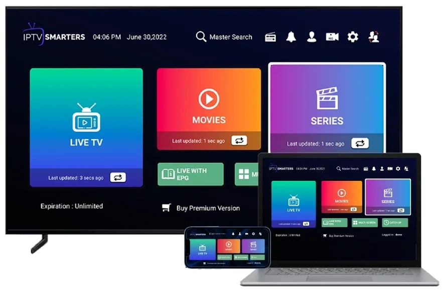 "IPTV Smarters interface displayed on smart TV, laptop, tablet, and smartphone—showing Live TV, Movies, and Series options, illustrating multi-device IPTV streaming compatibility.
