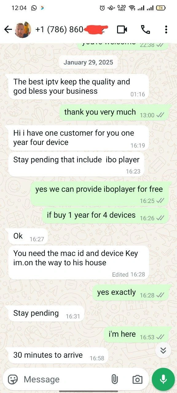 WhatsApp chats showing real IPTV customer interactions, including subscription requests, custom playlist support, device compatibility questions, and payment confirmations—highlighting reliable service and responsive communication.