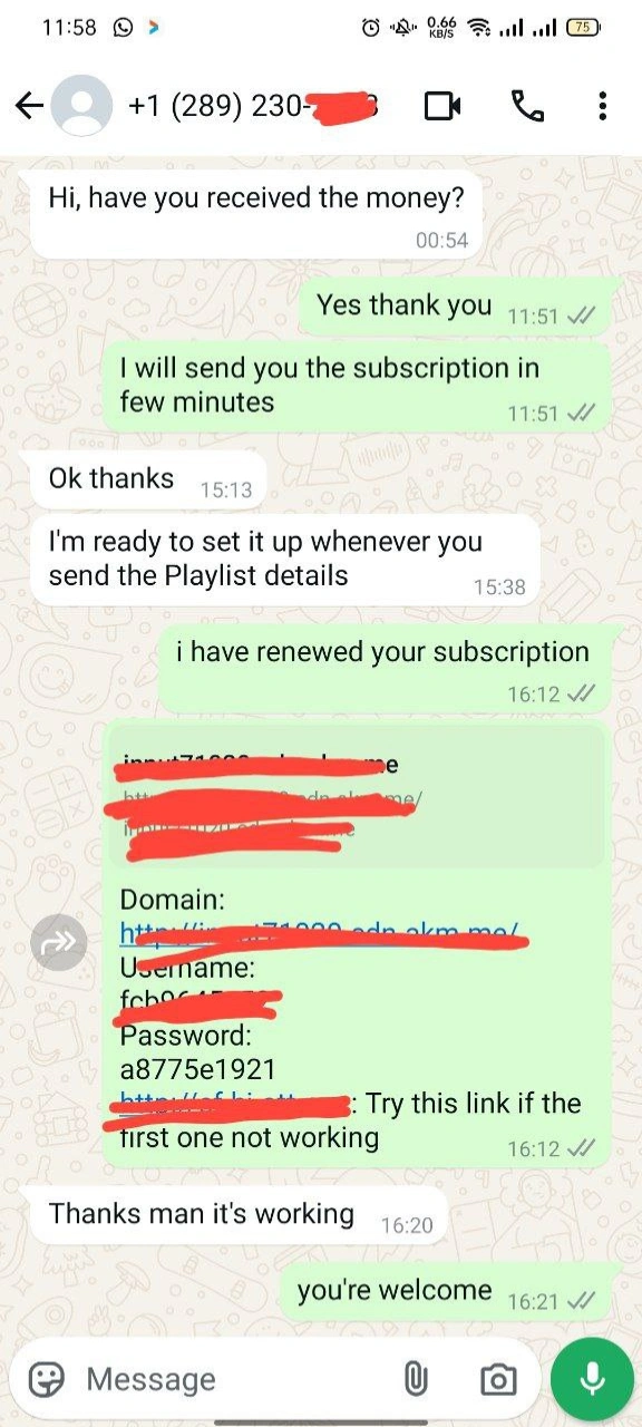 WhatsApp chats showing real IPTV customer interactions, including subscription requests, custom playlist support, device compatibility questions, and payment confirmations—highlighting reliable service and responsive communication.