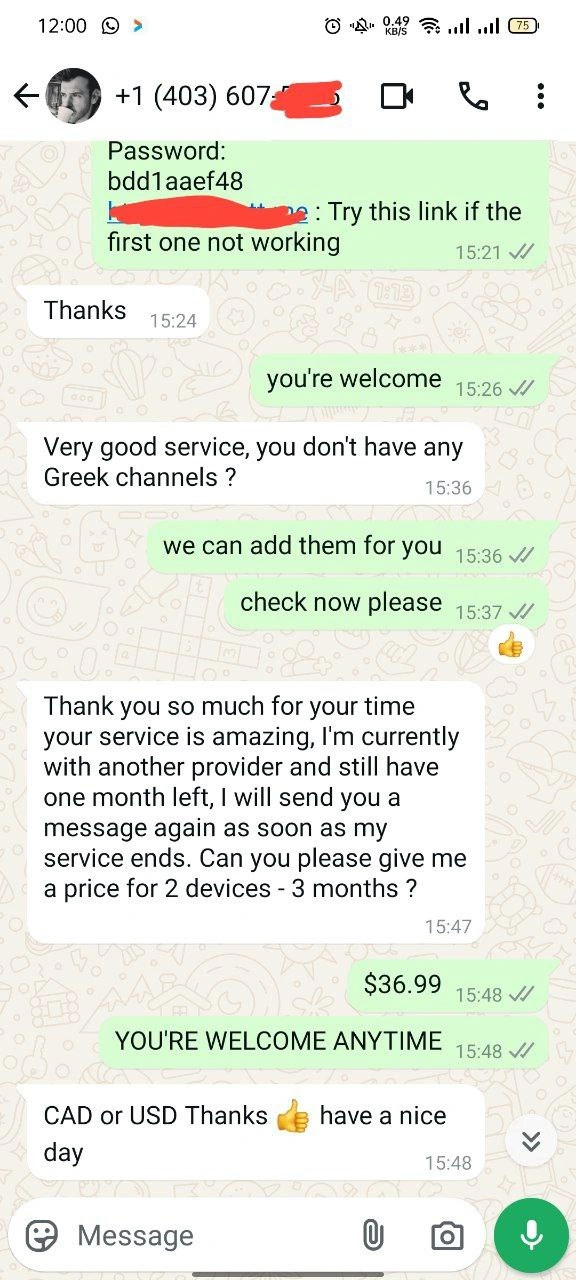 WhatsApp chats showing real IPTV customer interactions, including subscription requests, custom playlist support, device compatibility questions, and payment confirmations—highlighting reliable service and responsive communication.