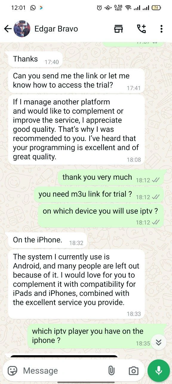 WhatsApp chats showing real IPTV customer interactions, including subscription requests, custom playlist support, device compatibility questions, and payment confirmations—highlighting reliable service and responsive communication.